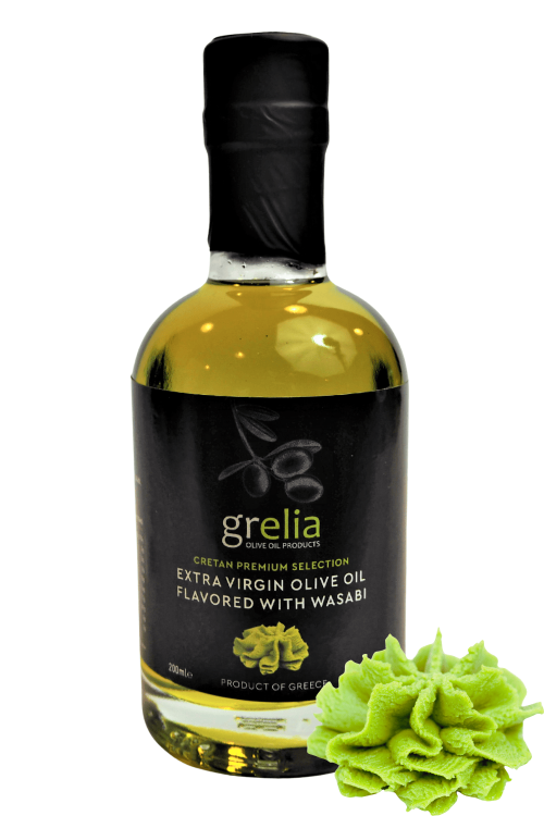 Grelia grecka oliwa z oliwek Extra Virgin z Wasabi 200 ml w przezroczystej butelce