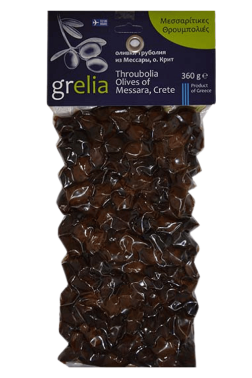 Czarne oliwki Throubolia suszone w soli morskiej Grelia 360 g