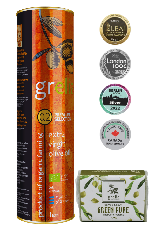 Grecka oliwa z oliwek Extra Virgin BIO Premium 0,2% 1 L Grelia w puszce + mydło oliwkowe gratis