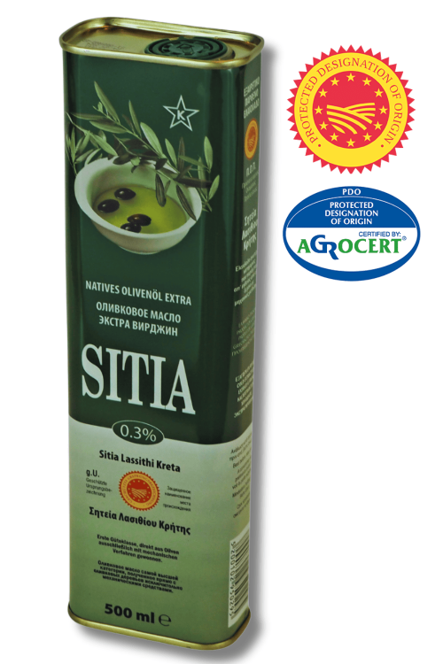 Grecka oliwa z oliwek Extra Virgin Sitia 0,3% 500 ml w metalowej puszce z praktycznym nalewakiem