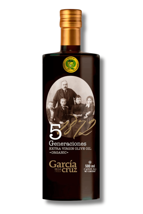 Oliwa hiszpańska organiczna Garcia de la Cruz 5 Generations Extra Virgin 500 ml w ciemnej butelce