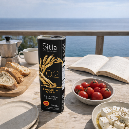 Zbliżenie opakowania oliwy z oliwek Extra Virgin Sitia 0,2% 500 ml