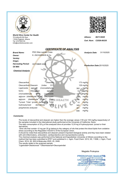 Certyfikat na zawartość polifenoli w oliwie z oliwek