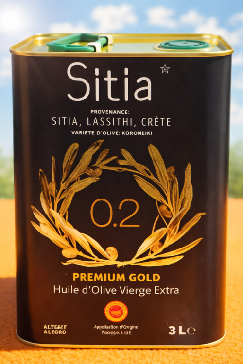 Oliwa z oliwek Extra Virgin Sitia 0,2% 3 l – front puszki