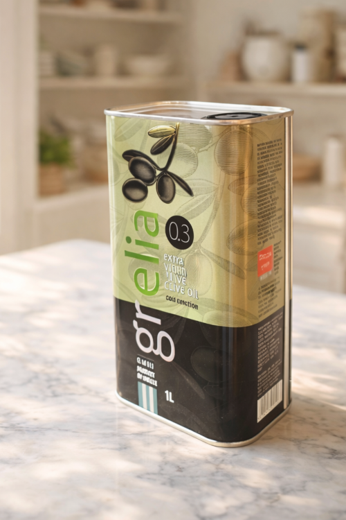 Grelia 0,3% grecka oliwa z oliwek – ujęcie puszki z boku