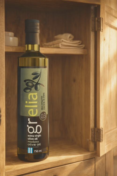 Butelka oliwy z oliwek extra virgin 750 ml w kuchennej szafce