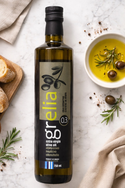 Oliwa z oliwek Extra Virgin Grelia 0,3% 750 ml – butelka produktowa