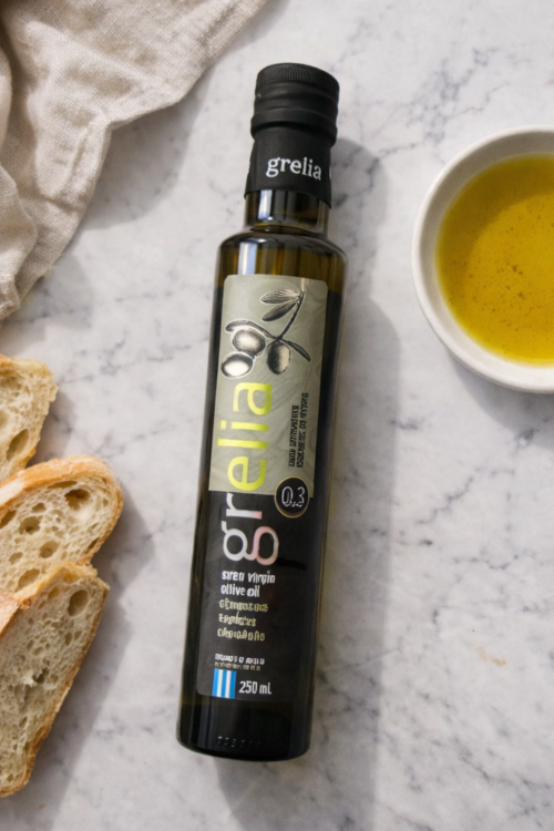 Oliwa Extra Virgin Grelia 250 ml – butelka na jasnym tle