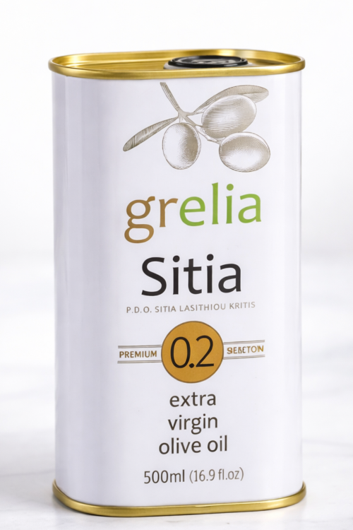Puszka oliwy Grelia Sitia PDO 500 ml – 100% Koroneiki, Kreta