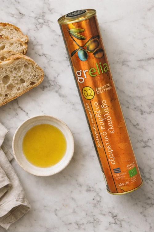 Puszka oliwy Grelia Premium Organic 0,2% 500 ml z praktycznym dziubkiem