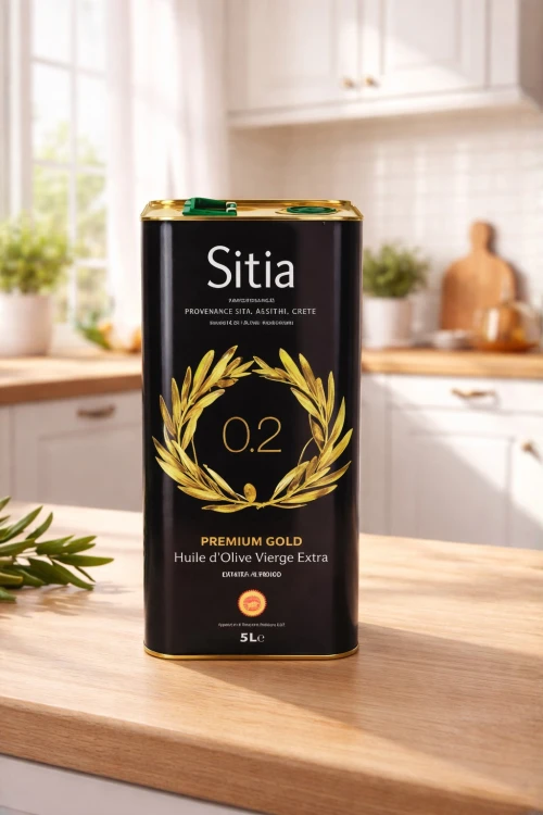 Zbliżenie opakowania oliwy z oliwek Extra Virgin Sitia 0,2% 5 l