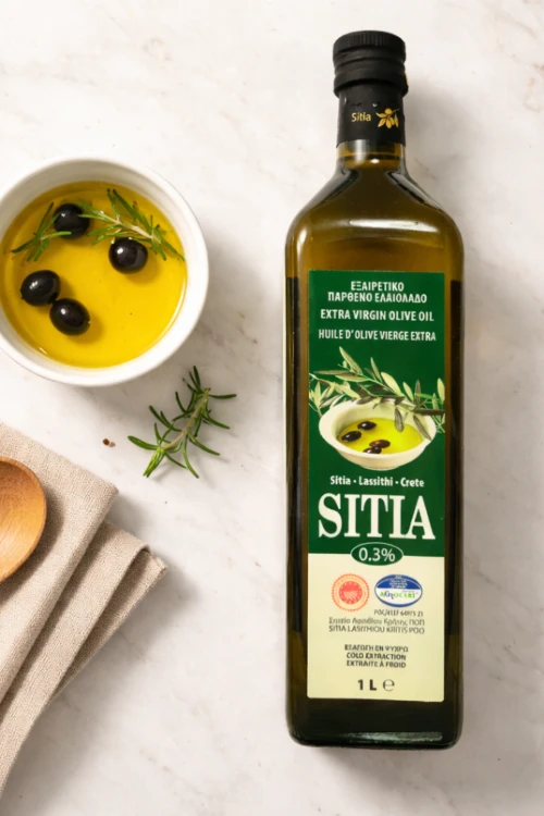 Grecka oliwa z oliwek Sitia 1 l tłoczona na zimno – butelka premium