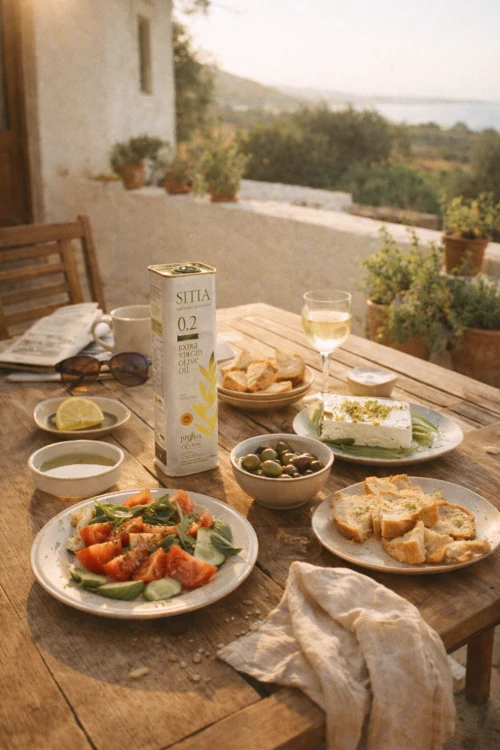 Physis of Crete SITIA PDO oliwa extra virgin 500 ml widok na zastawiony stół