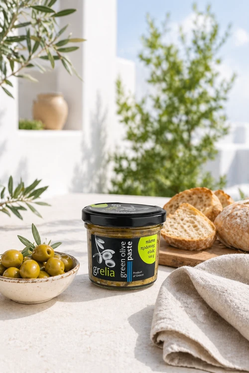 Tapenada grecka z zielonych oliwek 100 g w aranżacji śródziemnomorskiej