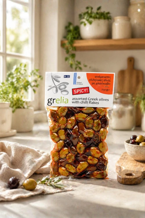 Mieszanka oliwek z pestką i chili Grelia 250 g