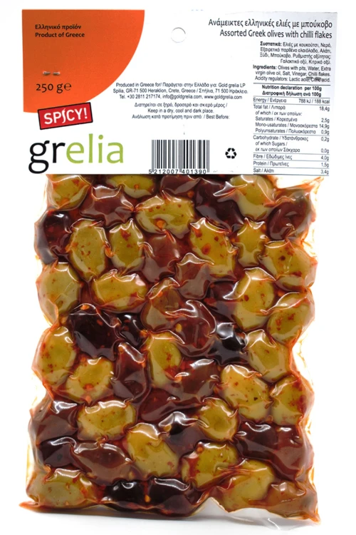 Greckie oliwki mix zielone i ciemne z chili 250 g