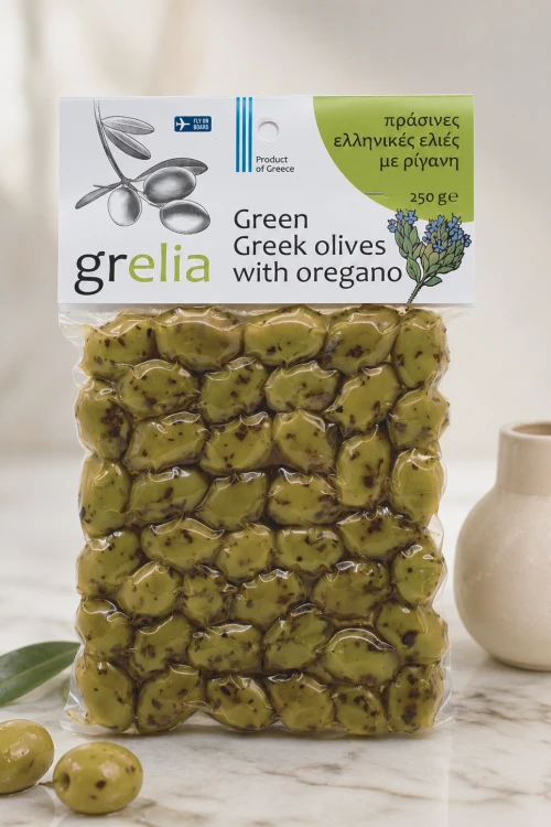 Zielone oliwki niedrylowane z oregano Grelia