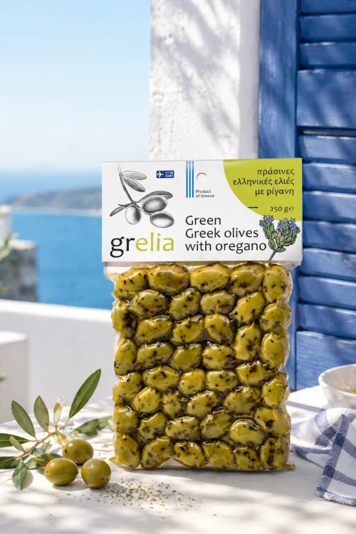 Zielone oliwki z pestką i oregano w opakowaniu 250 g