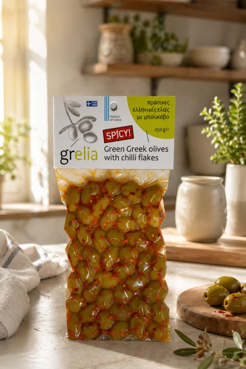 Greckie zielone oliwki z chili z pestką 250 g