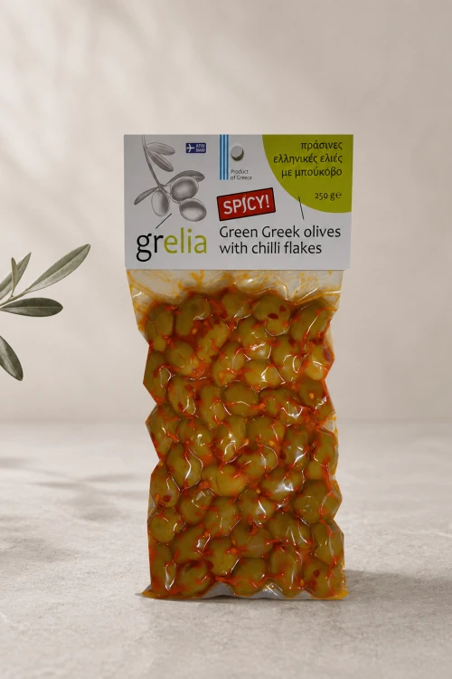Zielone oliwki niedrylowane z chili Grelia