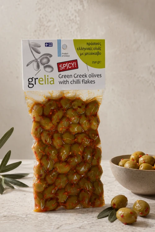 Zielone oliwki z pestką i chili w opakowaniu 250 g