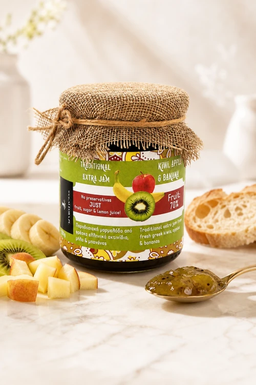Dżem Grelia z kiwi jabłek i bananów 300 g na jasnym tle