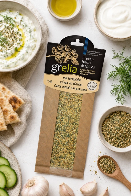 Grecka przyprawa do sosu tzatziki z Krety na jasnym tle kuchennym