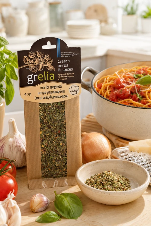 Przyprawa do spaghetti z Krety na jasnym kuchennym tle