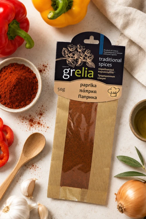 Aromatyczna papryka 50 g przycebuli, papryce, leżących na stole z lnianym obrusem
