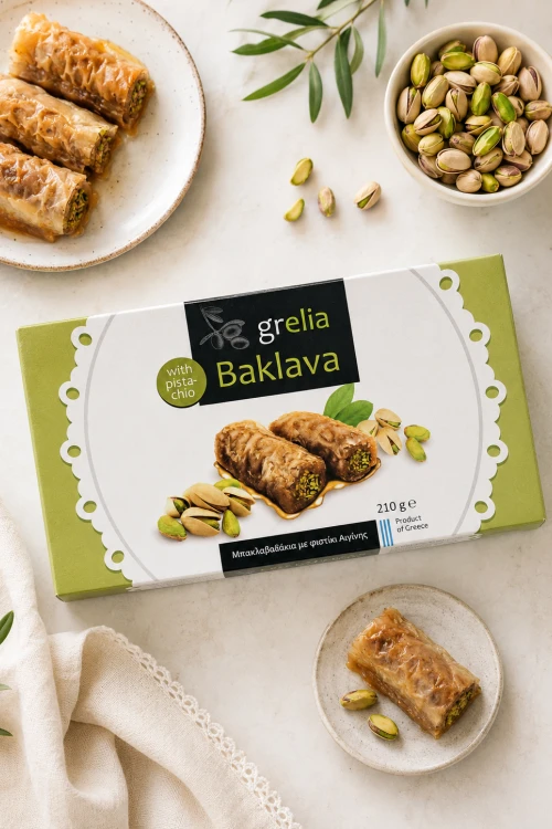 grecka baklava pistacjowa Grelia w deserowej aranżacji