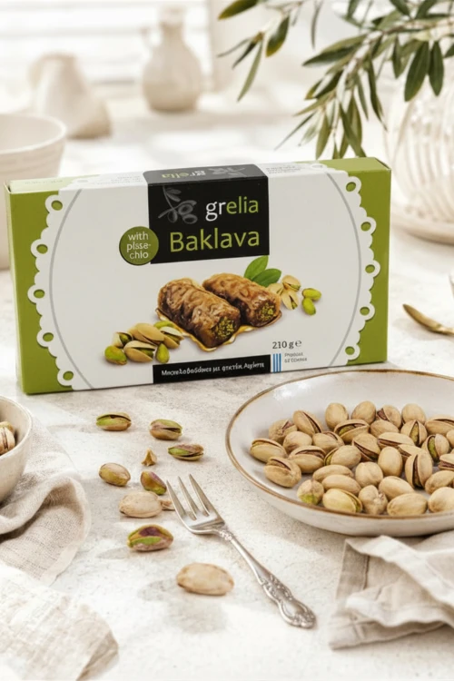 pudełko baklawy pistacjowej 210 g z dodatkiem pistacji w tle