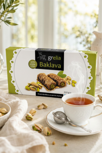 baklawa pistacjowa z Krety podana obok filiżanki kawy