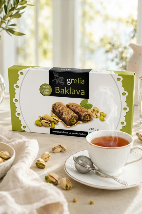 baklawa pistacjowa z Krety podana obok filiżanki kawy