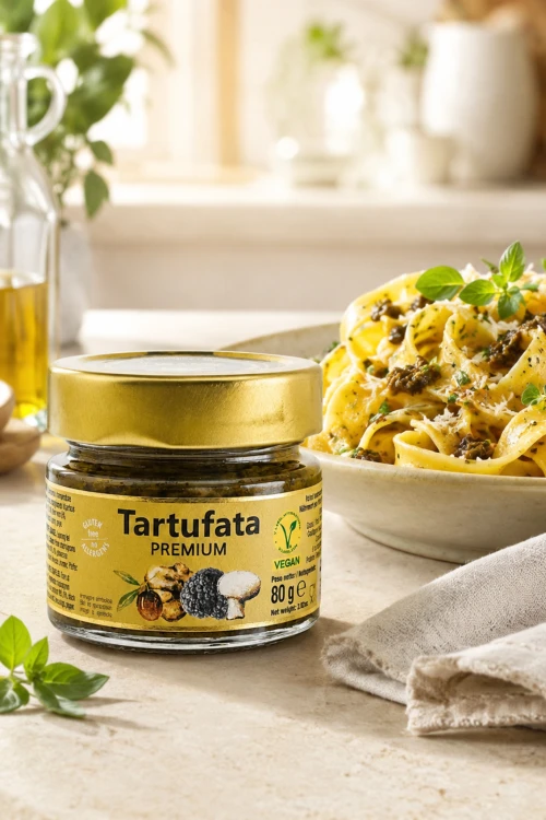 Słoiczek Zigante Tartufata Premium 80 g obok makaronu przygotowanego do sosu truflowego