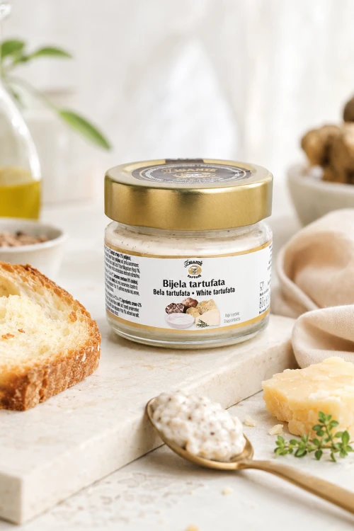 Zigante Tartufata White w aranżacji z oliwą extra virgin, serem i pieczywem
