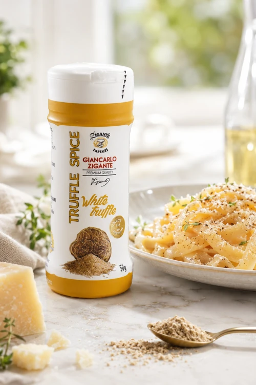 Zigante White Truffle Spice 50 g z makaronem i małą łyżeczką z przyprawą