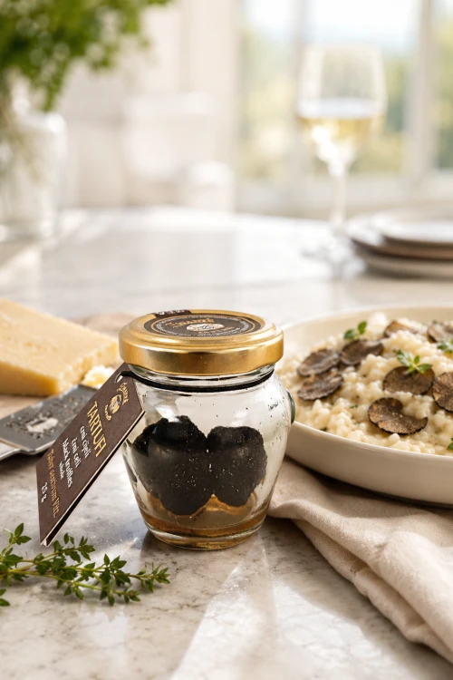 Chorwacka trufla letnia w całości pokazana przy risotto i cienkich plasterkach trufli