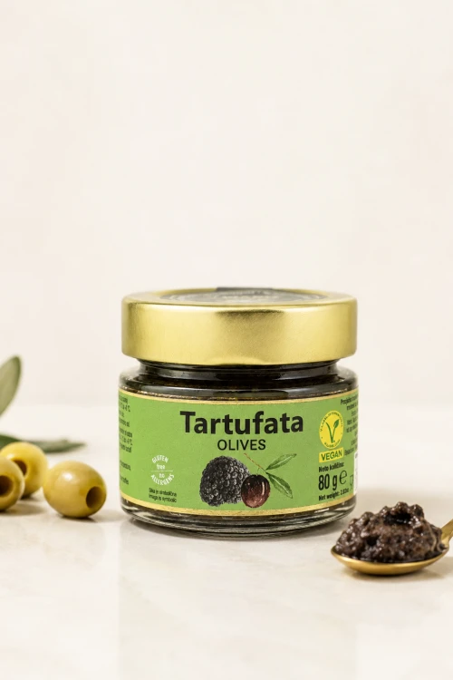 Pasta oliwkowo-truflowa Zigante 80 g w kompozycji z oliwkami i łyżeczką pasty