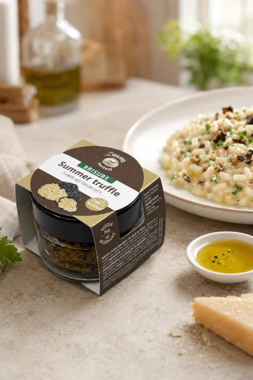 Mielona czarna letnia trufla Zigante Tuber Aestivum podana przy risotto na jasnym talerzu
