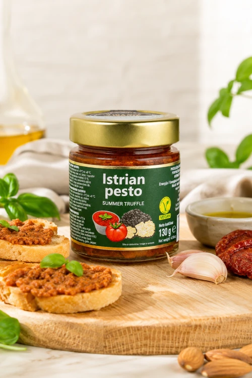 Pesto z Istrii z truflą letnią podane na bruschetcie z chrupiącym pieczywem