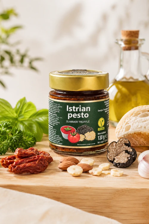 Pesto truflowe Zigante z Istrii pokazane z suszonymi pomidorami, oliwą i ziołami