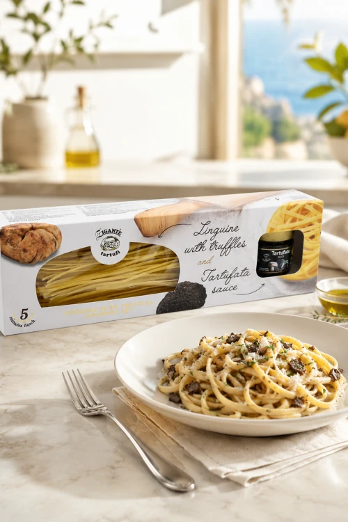 Makaron linguine Zigante z truflami obok słoiczka Tartufata Black