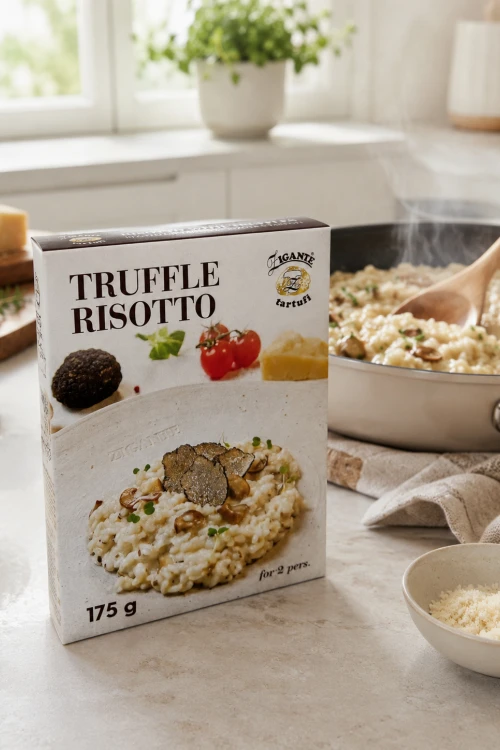 Opakowanie Zigante risotto truflowe 175 g obok miski kremowego risotta