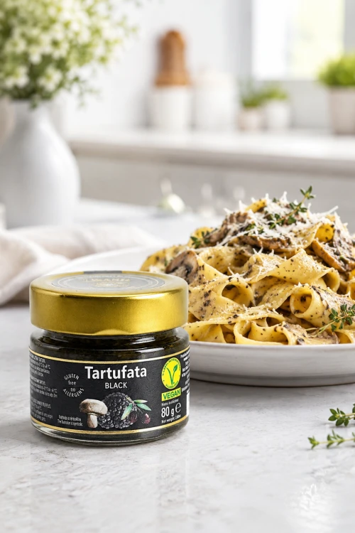 Słoiczek Zigante Tartufata Black 80 g obok makaronu z sosem truflowym