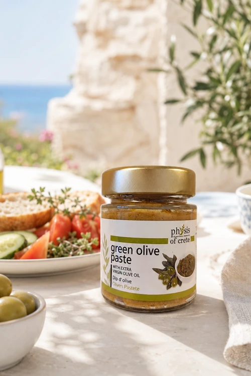 Tapenada Physis of Crete jako dodatek do sałatki i oliwy extra virgin