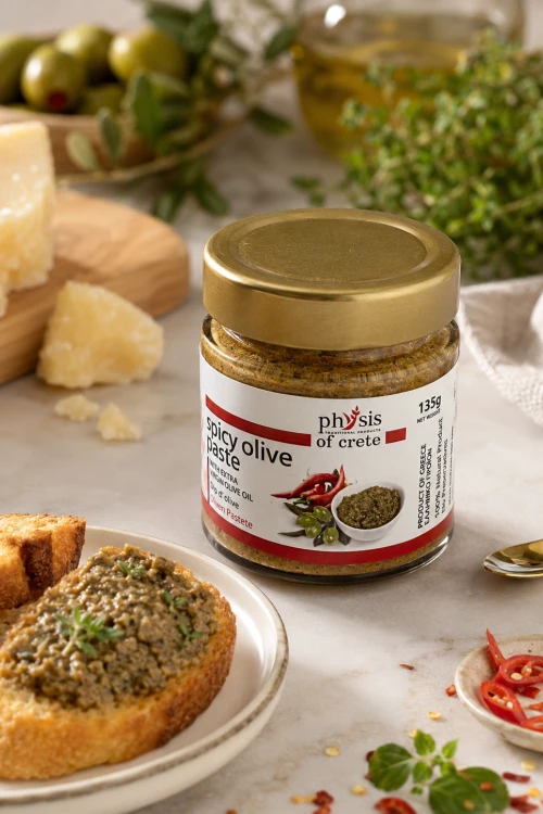 Tapenada chili z zielonych oliwek podana na grzankach z jasnego pieczywa