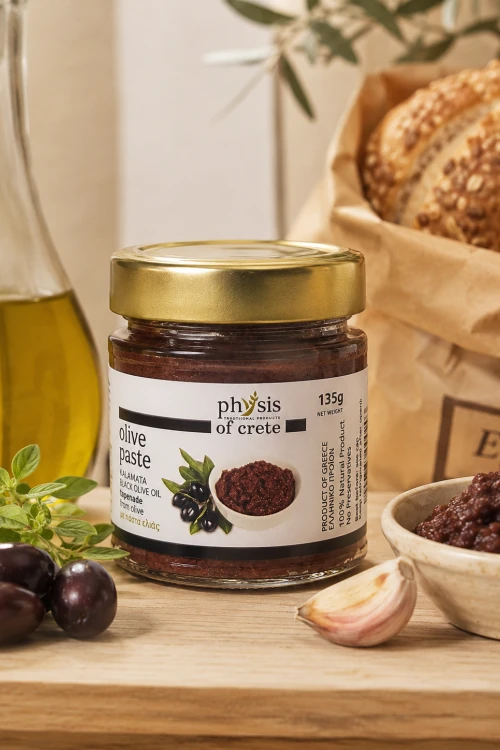 Słoik pasty Kalamata Physis of Crete z oliwą extra virgin i pieczywem