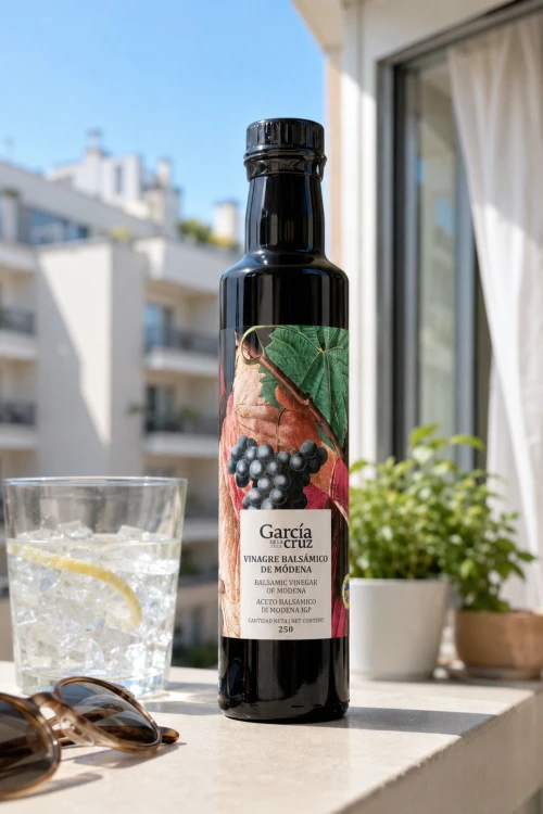 Etykieta octu balsamicznego z Modeny IGP García de la Cruz 250 ml z bliska