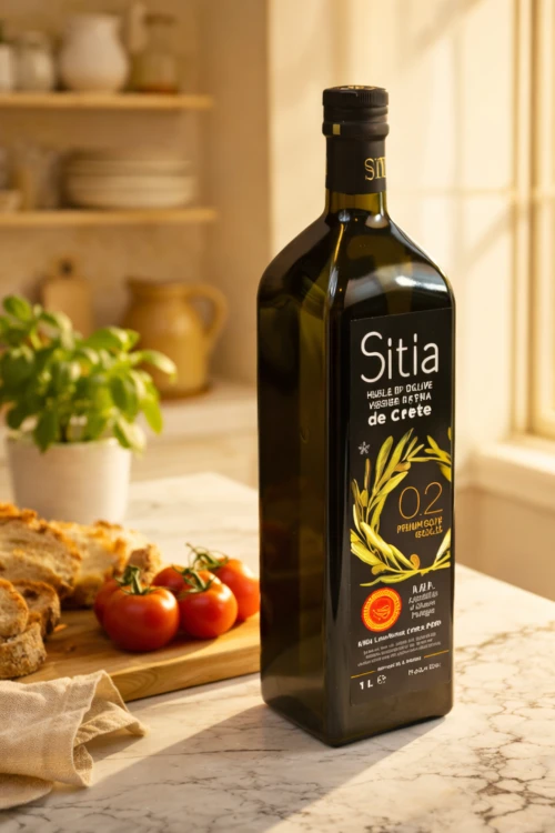 Oliwa z oliwek Extra Virgin Sitia 0,2% 1 l – front ciemnej butelki