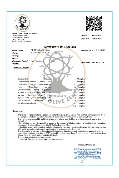 certyfikat polifenoli zawartych w oliwie z oliwek extra virgin 0,2%